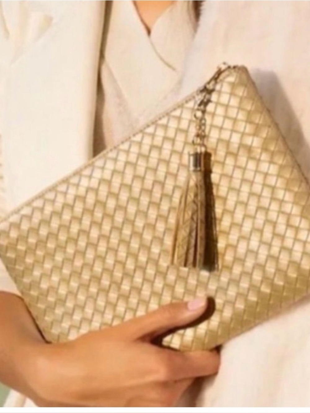 NWOT Virginia Wolf "Mimi" gold woven faux leather clutch